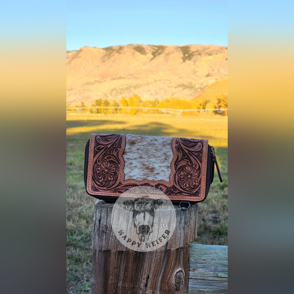 Western Floral Handtooled Leather and Cowhide Wallet